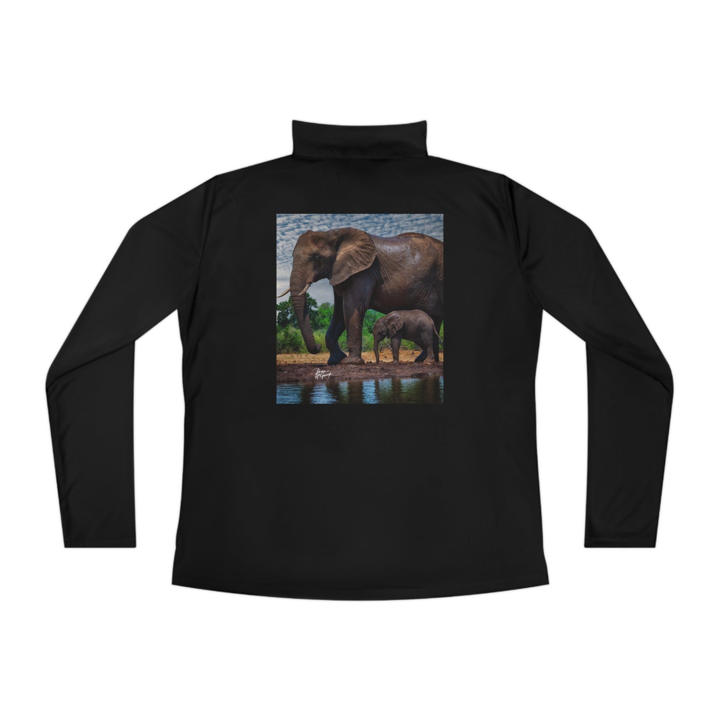 Ladies Quarter-Zip Pullover with Fine Art Image of Elephant Baby with Mom by Enjoy Nature