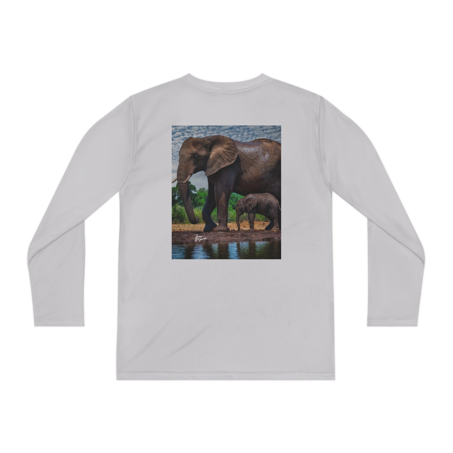 Youth Competitor Long Sleeve Tee with Elephant Baby with Mom at Watering Hole by Enjoy Nature