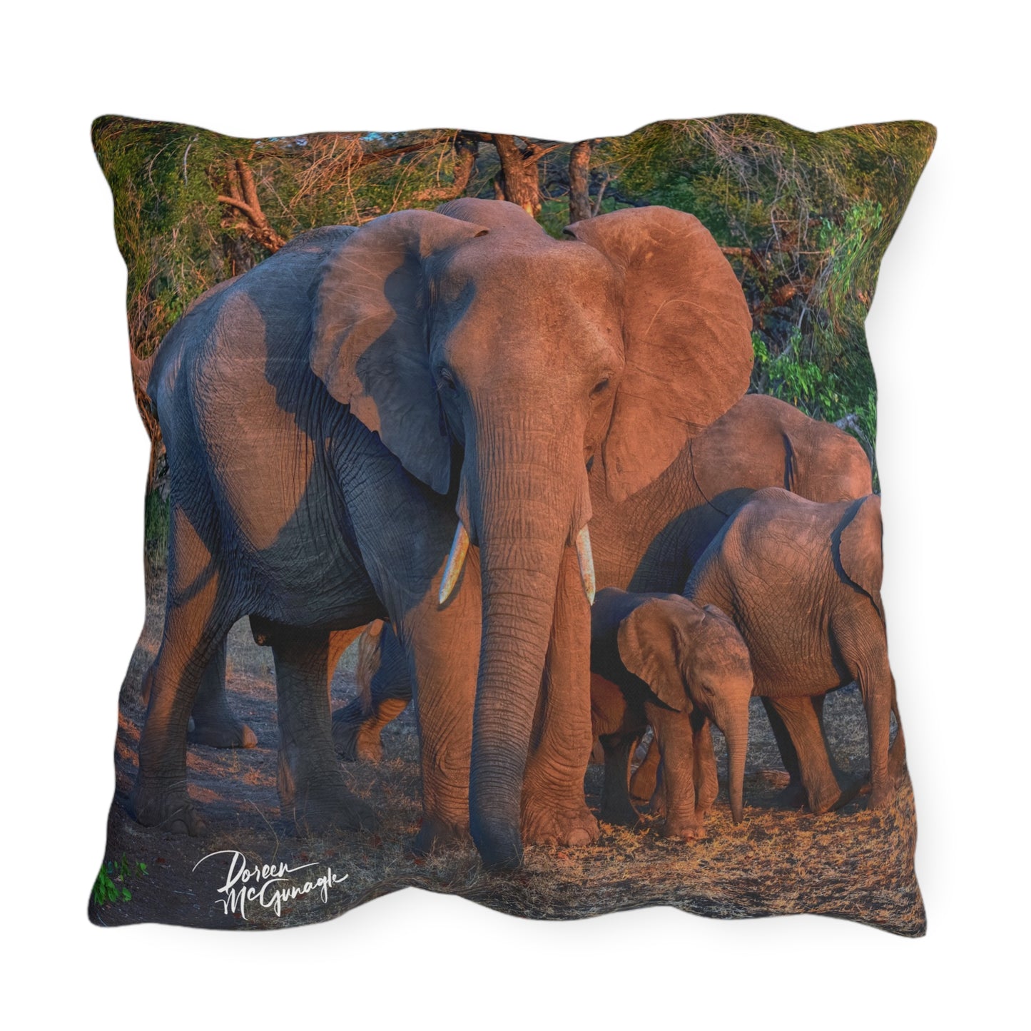 Enjoy Nature Outdoor Pillow with Elephant Family – Artistic, Comfy, and Durable Decorative Accent