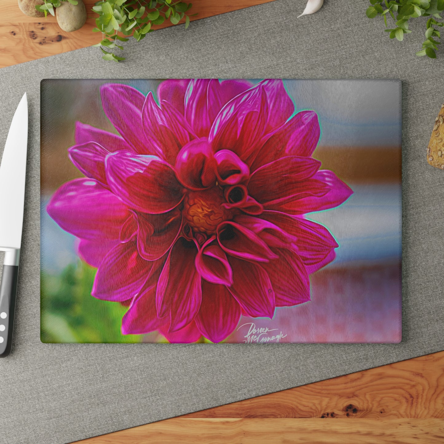 Enjoy Nature Glass Charcuterie Cutting Board with Dahlia Bloom