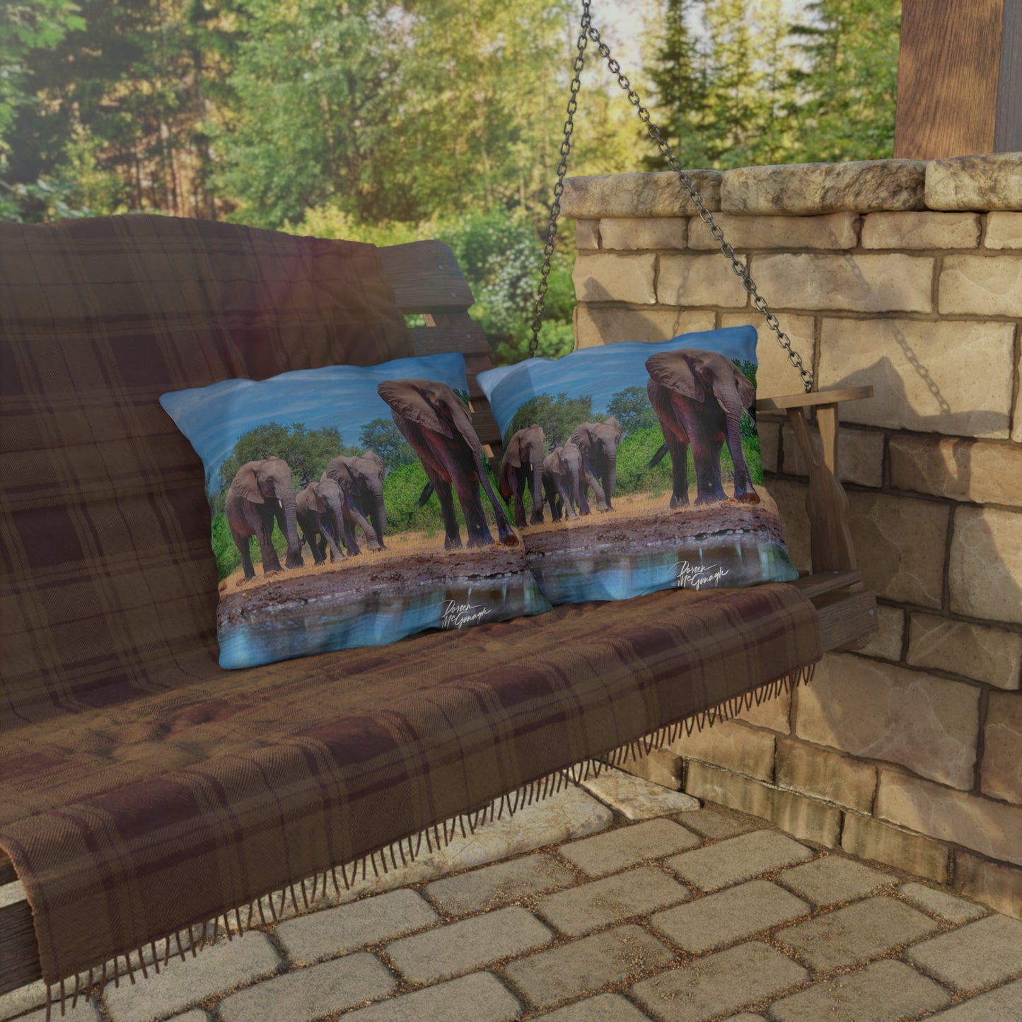 Enjoy Nature Outdoor Pillow with Elephant Family at Watering Hole – Artistic, Comfy, and Durable Decorative Accent