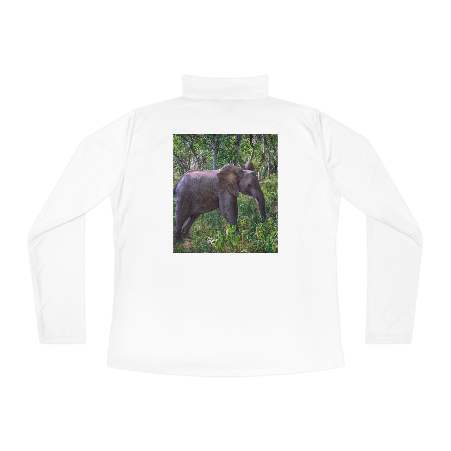 Ladies Quarter-Zip Pullover with Fine Art Image of Elephant Baby in Forest by Enjoy Nature