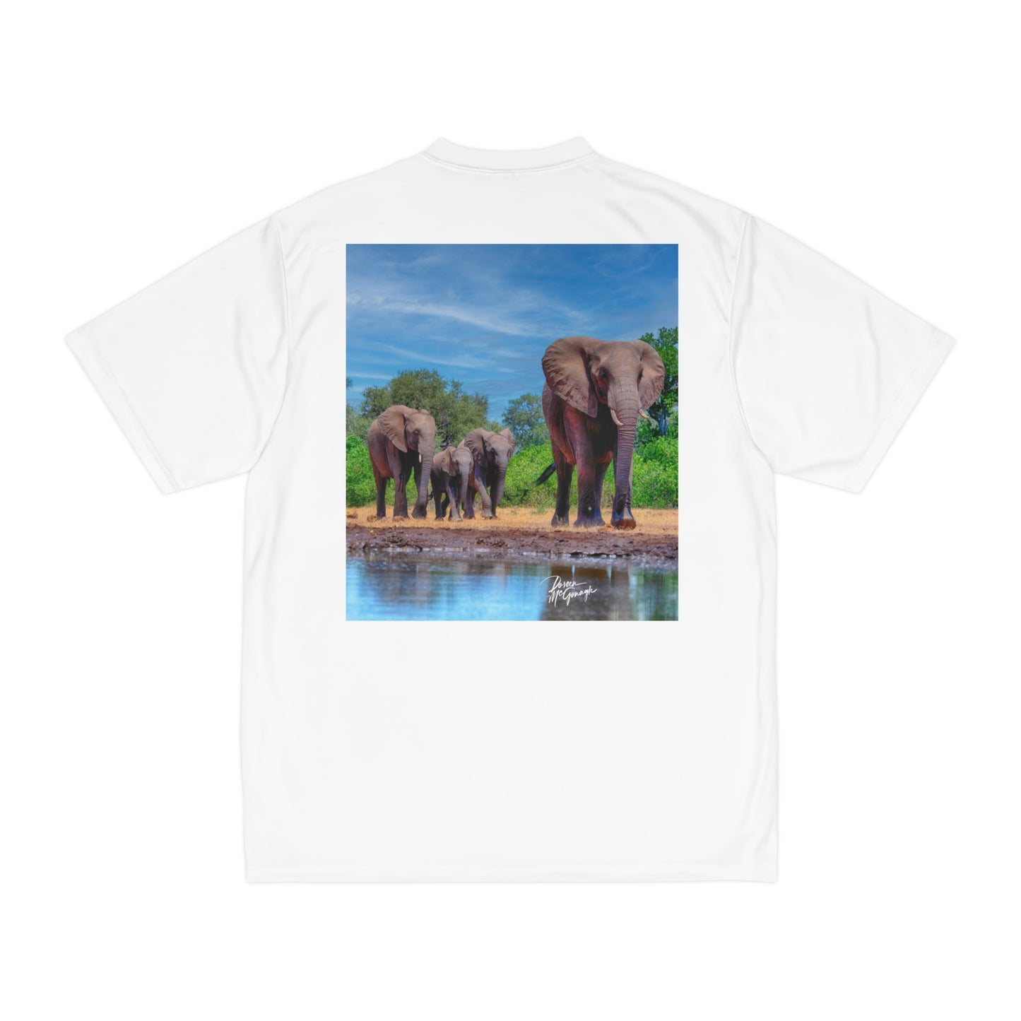 Men's Performance T-Shirt with Fine Art Image of Elephant Family at Watering Hole by Enjoy Nature