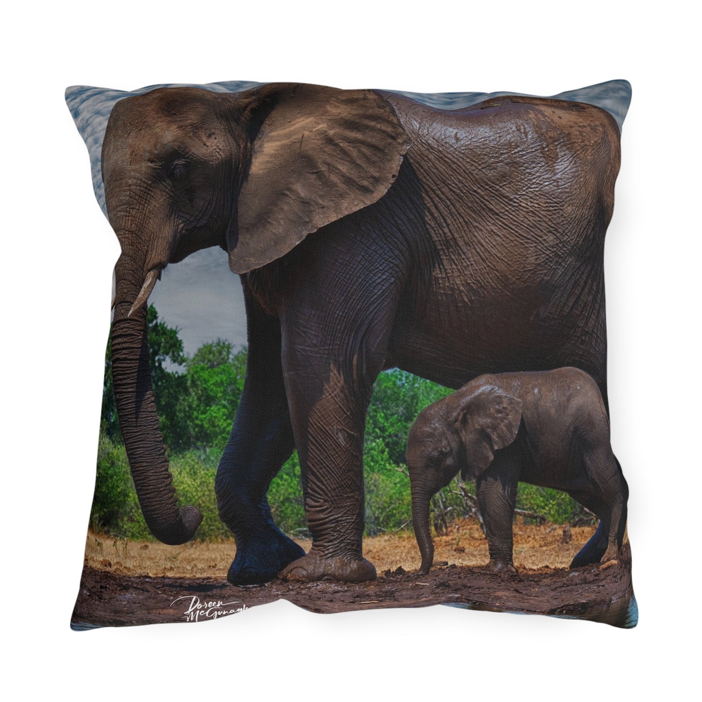 Enjoy Nature Outdoor Pillow with Baby Elephant Walk with Mom – Artistic, Comfy, and Durable Decorative Accent