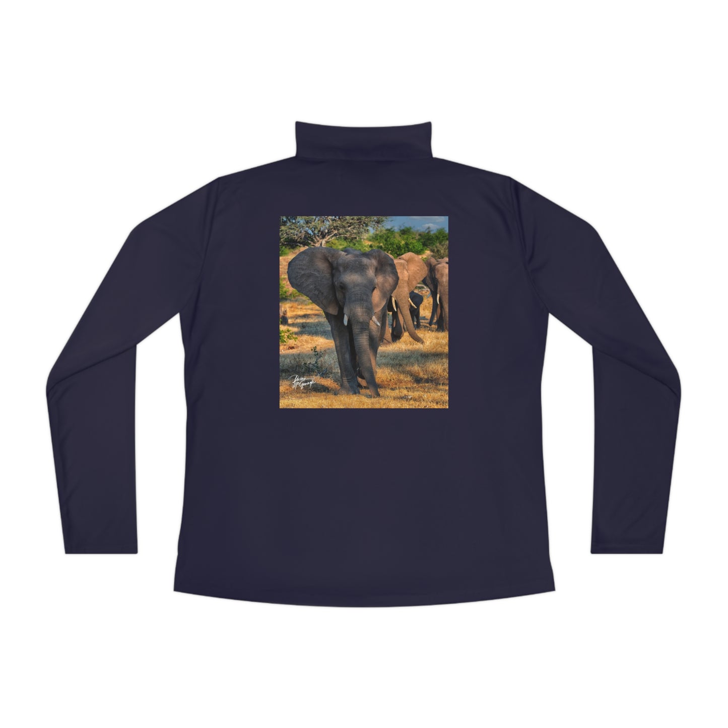 Ladies Quarter-Zip Pullover with Fine Art Image of Spirited Elephant Herd by Enjoy Nature