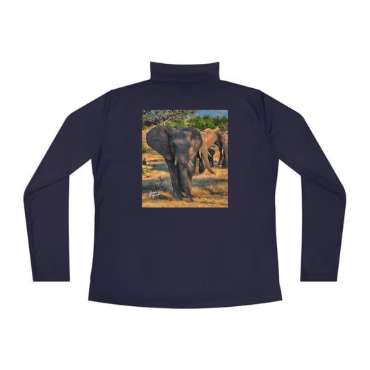 Ladies Quarter-Zip Pullover with Fine Art Image of Spirited Elephant Herd by Enjoy Nature