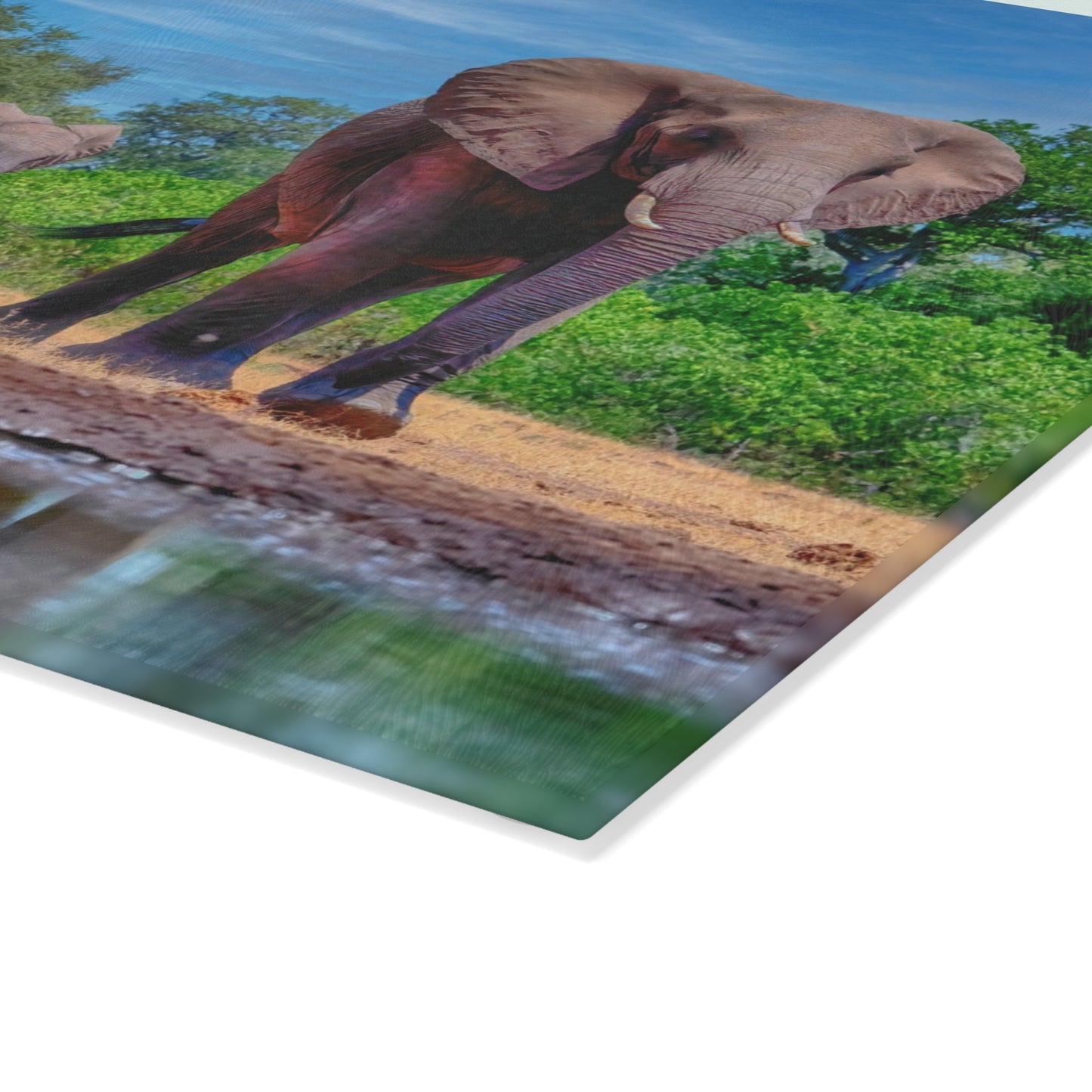 Enjoy Nature Glass Charcuterie Cutting Board with Elephant Family at Watering Hole Design