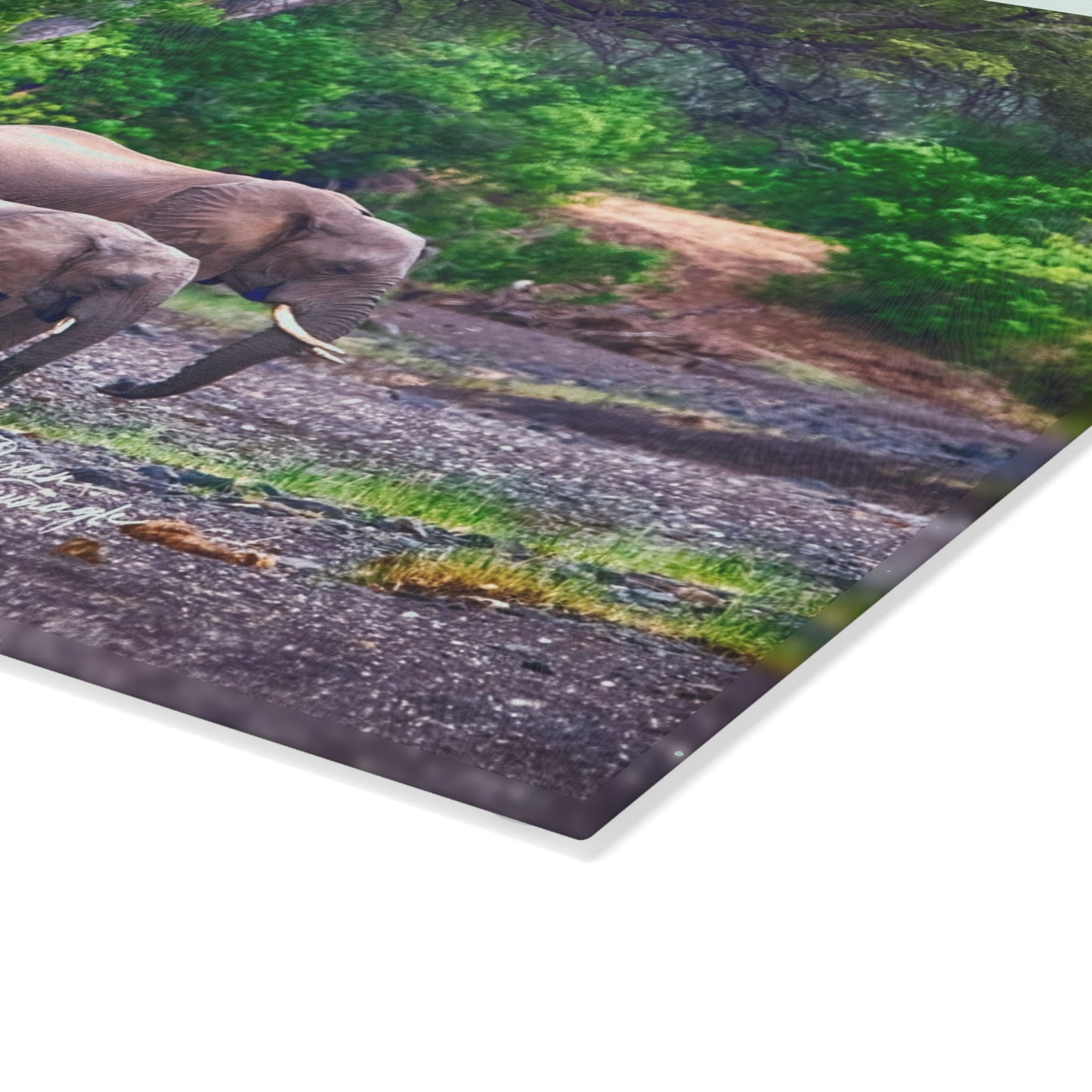 Enjoy Nature Glass Charcuterie Cutting Board with Elephant Family Design