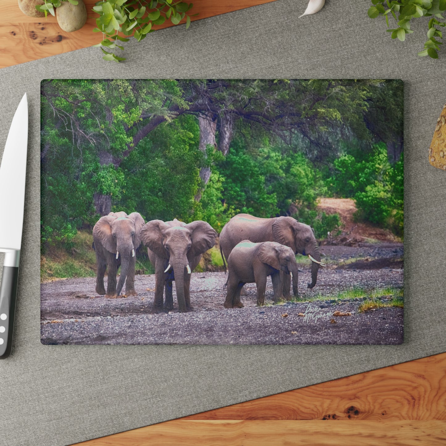 Enjoy Nature Glass Charcuterie Cutting Board with Elephant Family Design