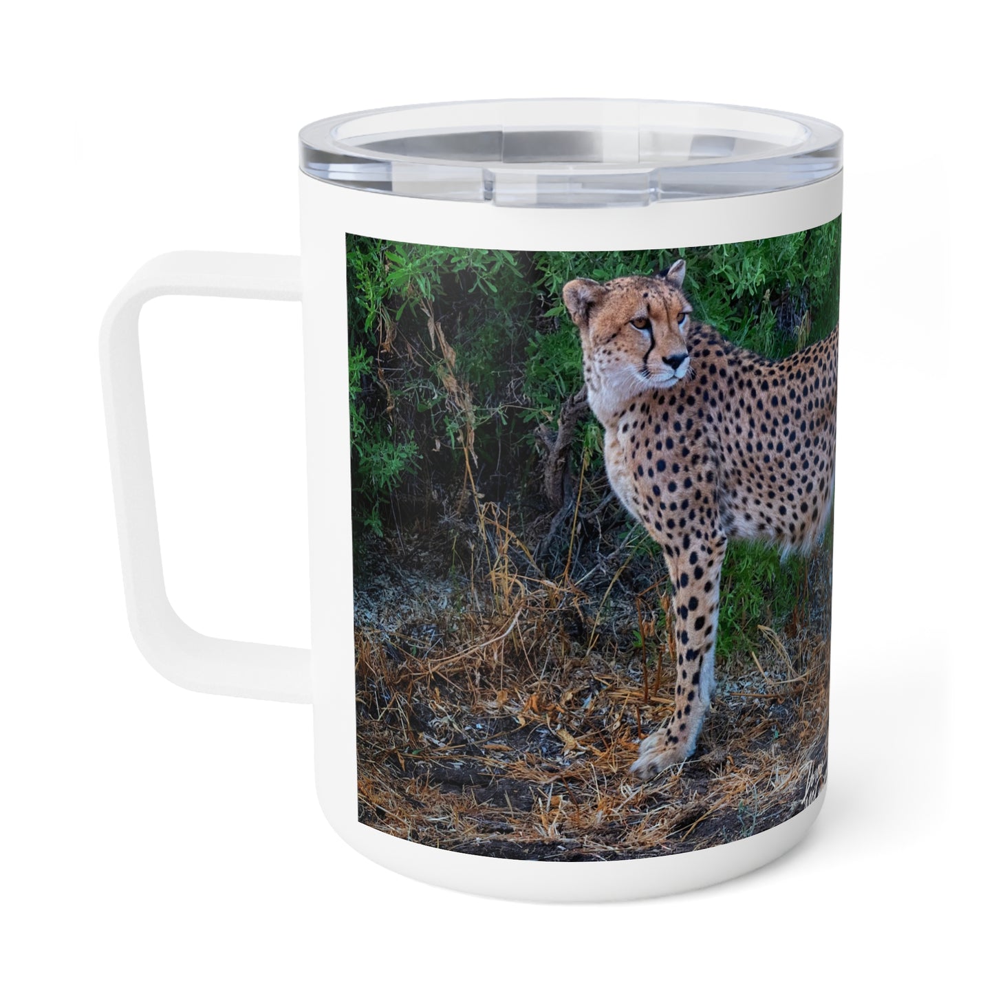 Enjoy Nature 10 oz Travel Tumbler with Cheetah Stand Design