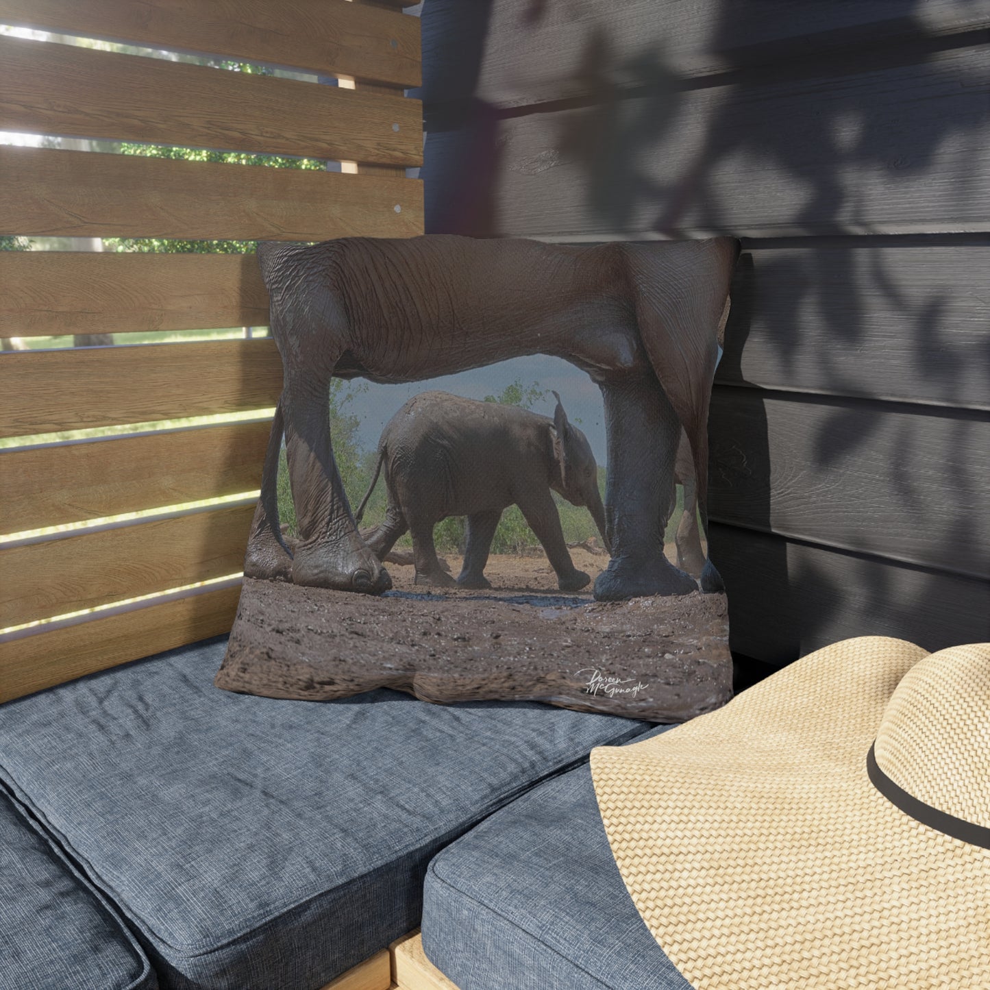 Enjoy Nature Outdoor Pillow with Baby Elephant Walk with Mom – Artistic, Comfy, and Durable Decorative Accent