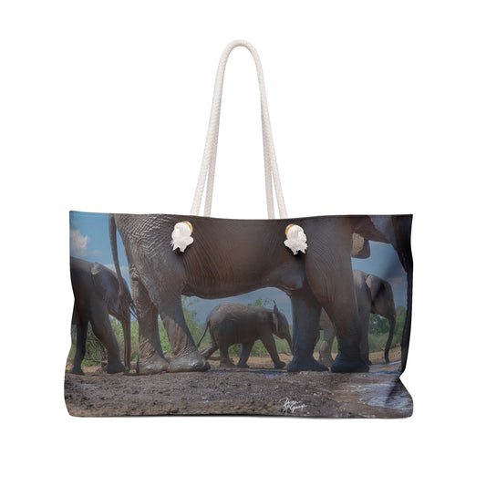 Weekender Tote Bag: Baby Elephant Walk with Mom by Enjoy Nature