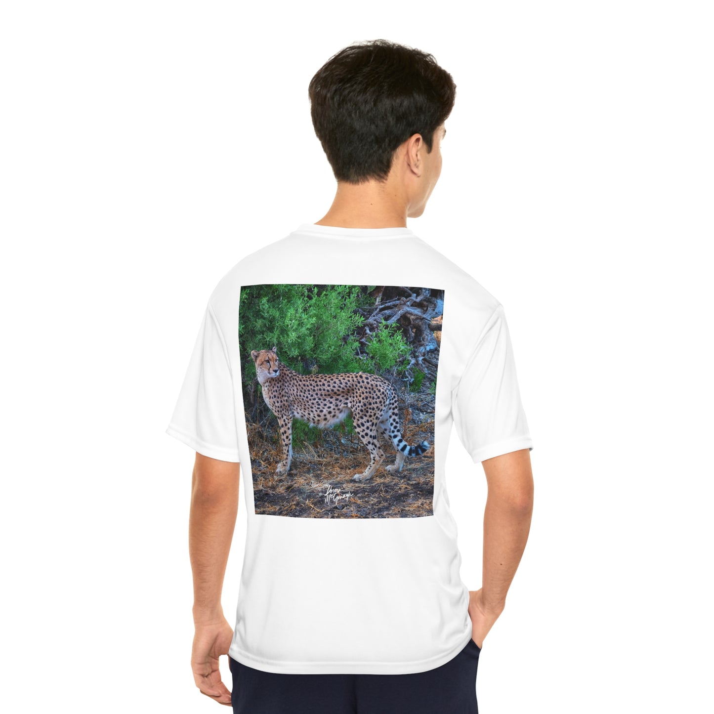 Men's Performance T-Shirt with Fine Art Image of Cheetah Stand by Enjoy Nature