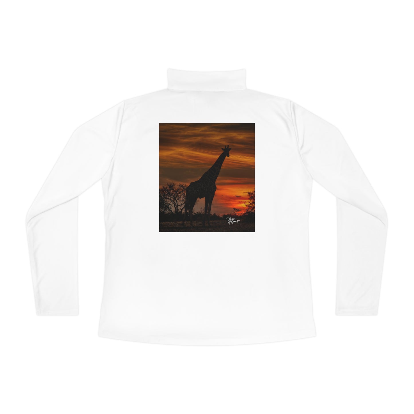 Ladies Quarter-Zip Pullover with Fine Art Image of Giraffe Silhouette at Sunset by Enjoy Nature