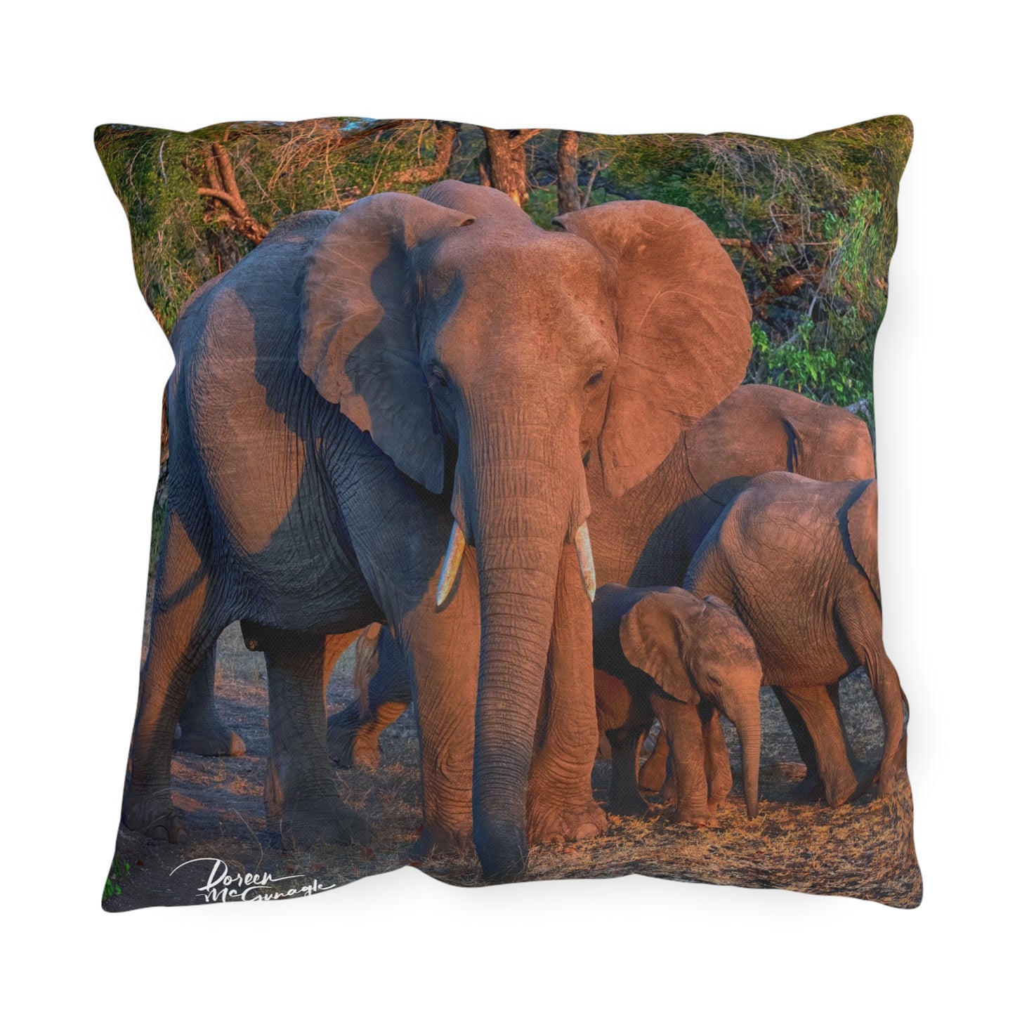 Enjoy Nature Outdoor Pillow with Elephant Family – Artistic, Comfy, and Durable Decorative Accent