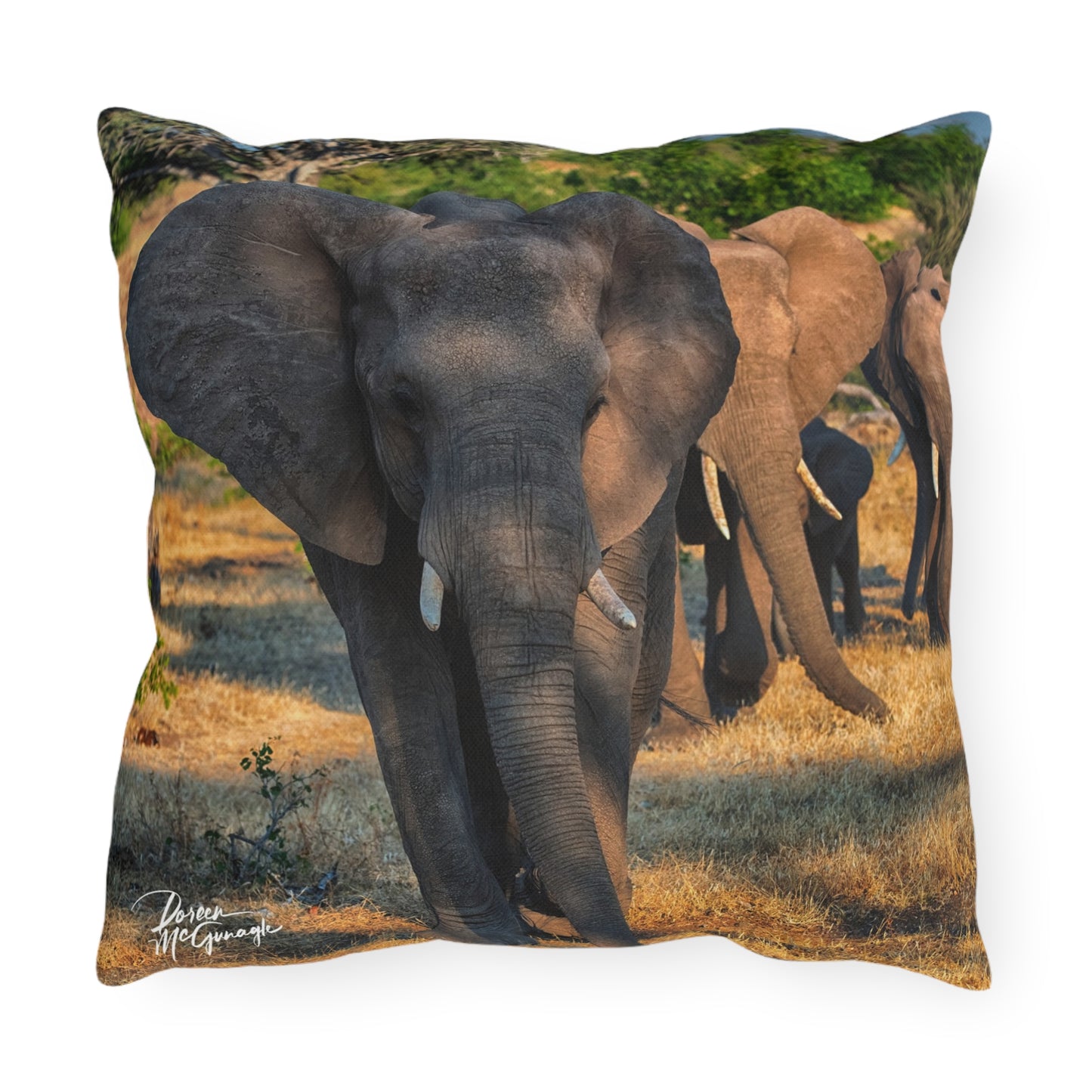 Enjoy Nature Outdoor Pillow with Elephant Family – Artistic, Comfy, and Durable Decorative Accent