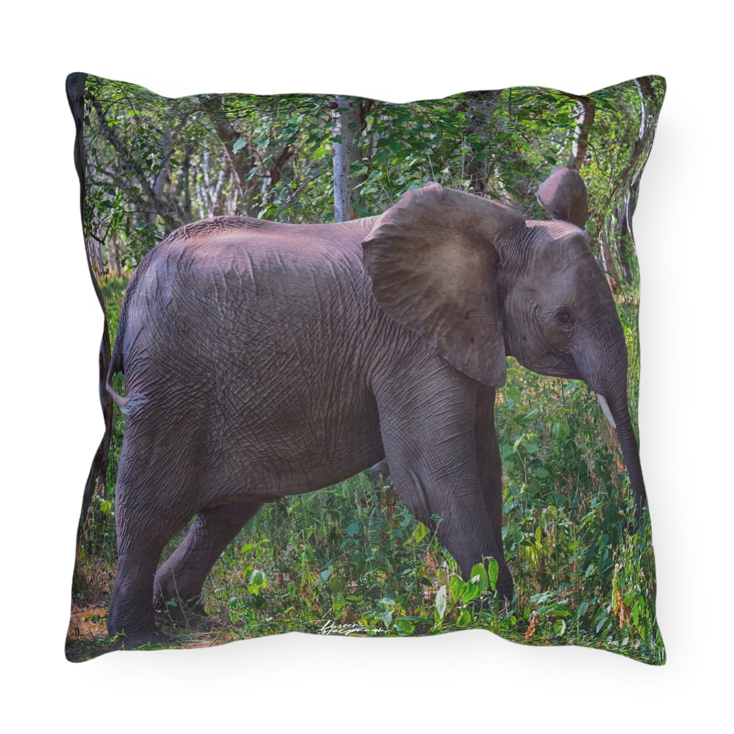 Enjoy Nature Outdoor Pillow with Elephant Baby in Forest – Artistic, Comfy, and Durable Decorative Accent