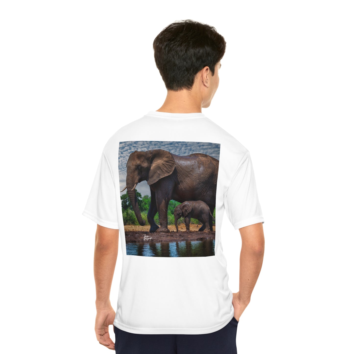 Men's Performance T-Shirt with Fine Art Image of Elephant Baby with Mom by Enjoy Nature