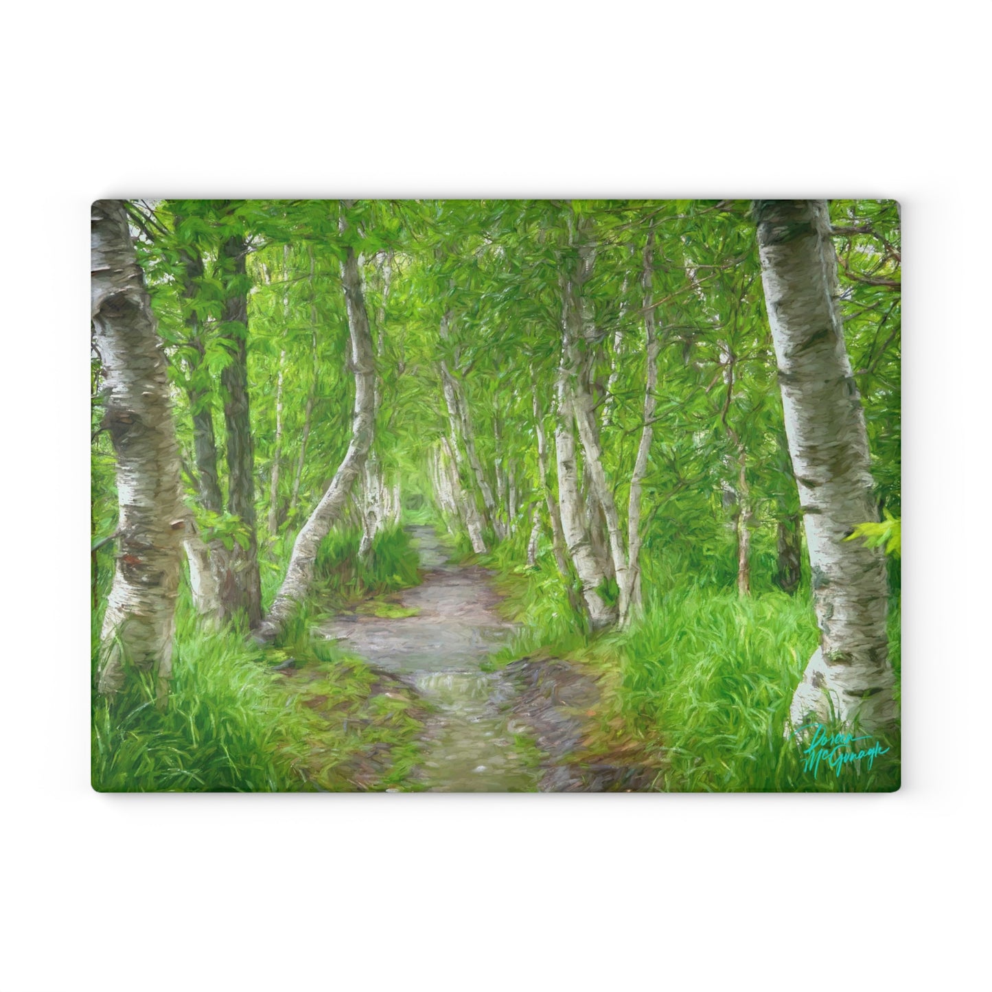 Artistic Magical Birch Forest Glass Cutting Board with Nature-Inspired Design