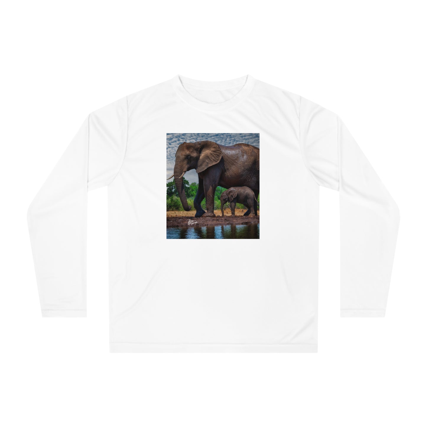 Unisex Long Sleeve Performance Tee - "Elephant Baby with Mom" by Enjoy Nature