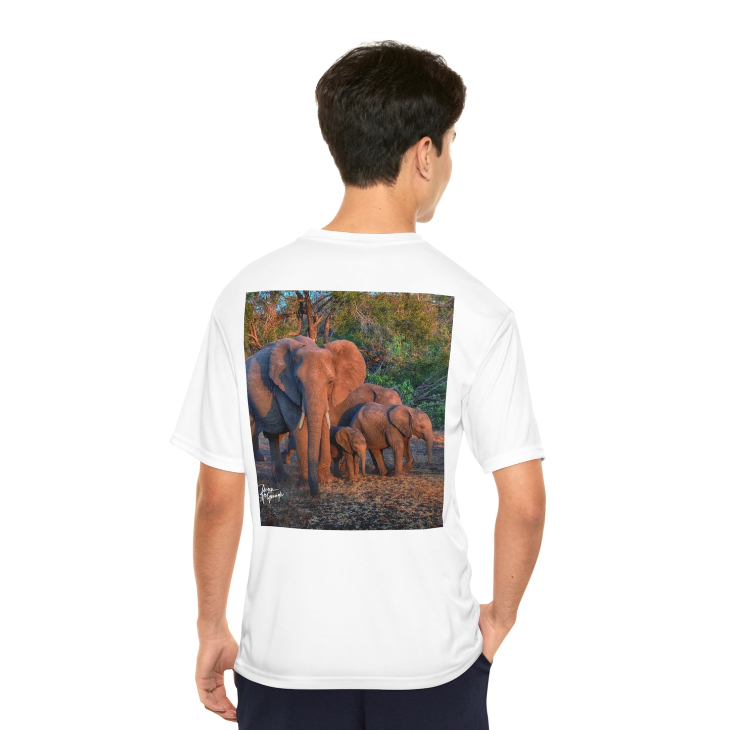 Men's Performance T-Shirt with Fine Art Image of Elephant Family Walking by Enjoy Nature