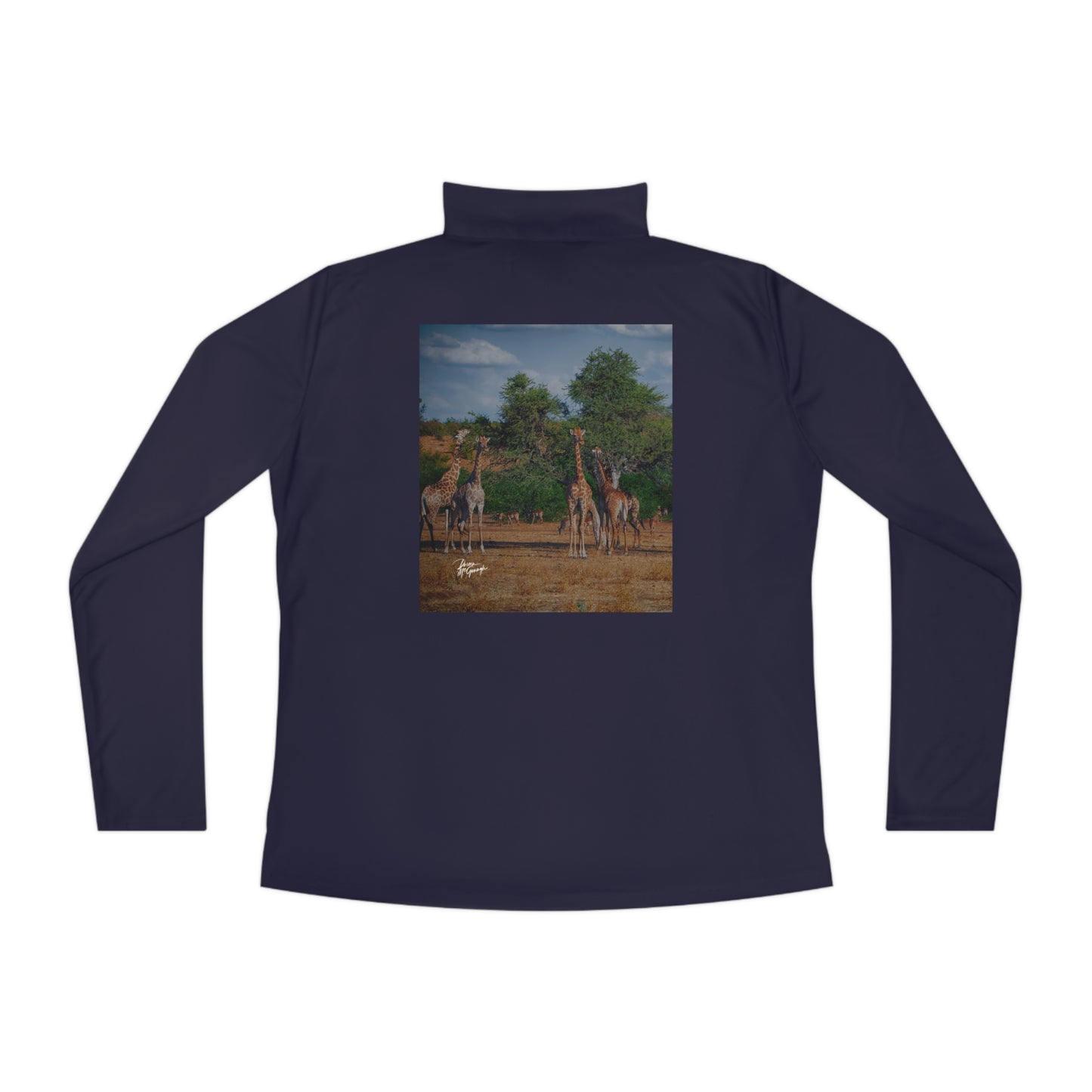 Ladies Quarter-Zip Pullover with Fine Art Image of Giraffe Family by Enjoy Nature