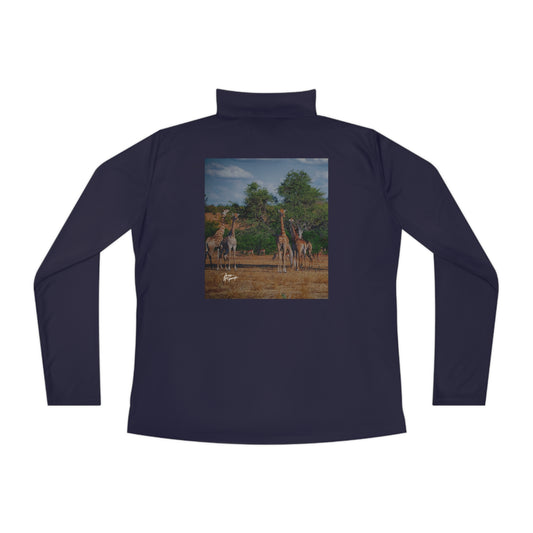 Ladies Quarter-Zip Pullover with Fine Art Image of Giraffe Family by Enjoy Nature