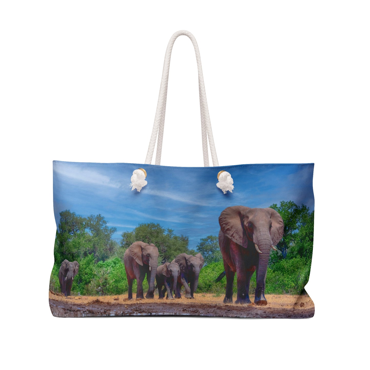 Weekender Tote Bag: Spirited Elephants at Watering Hole by Enjoy Nature