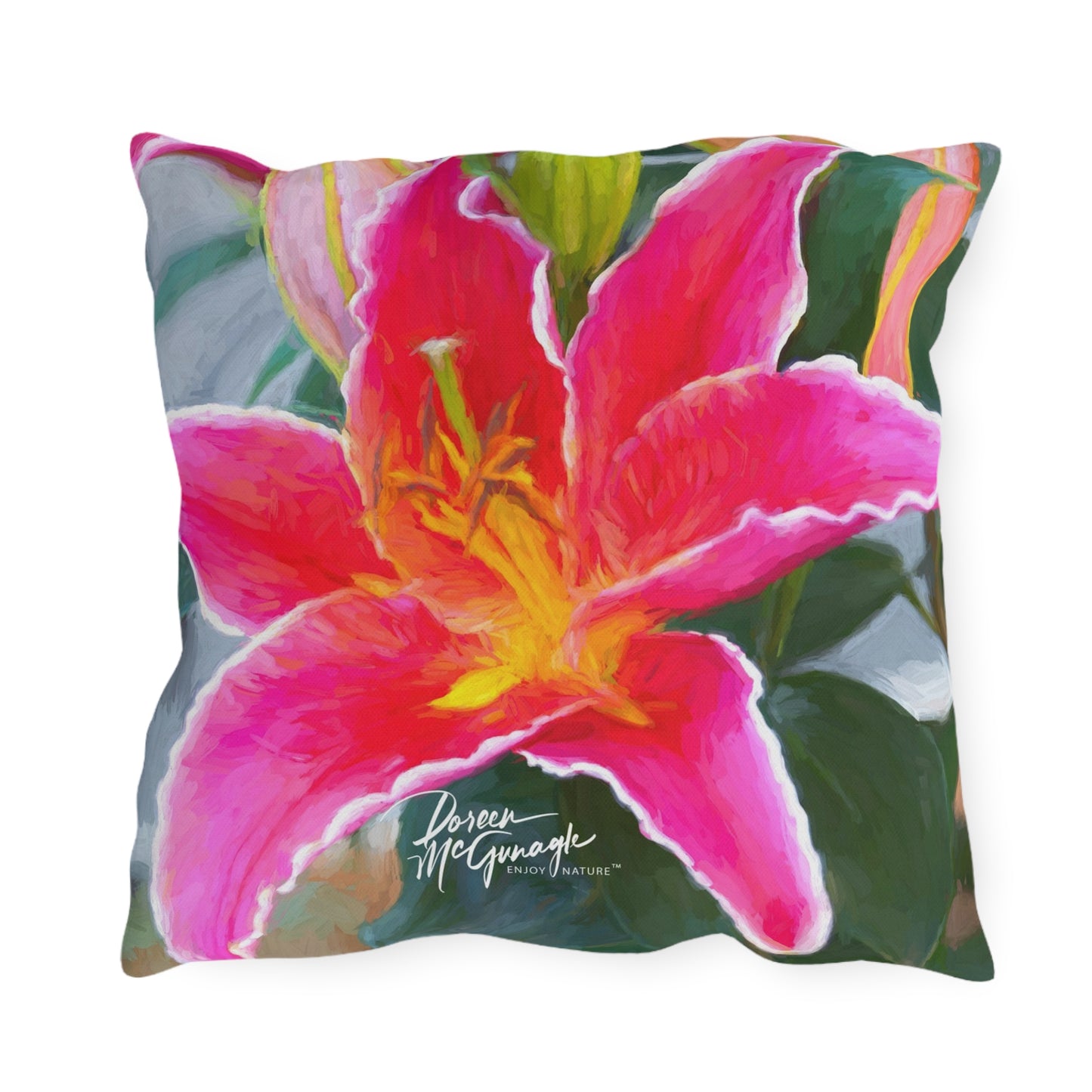 Enjoy Nature Outdoor Pillow with Pink Lily – Artistic, Comfy, and Durable Decorative Accent