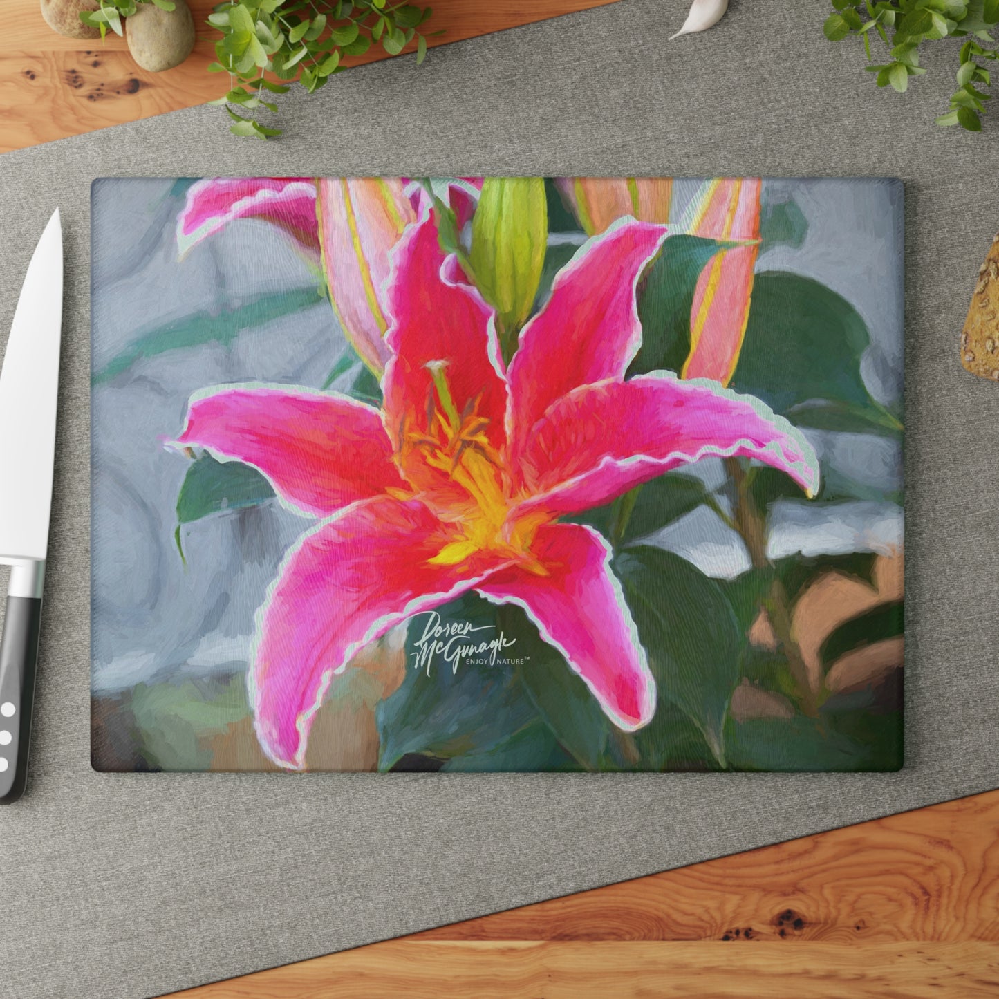 Enjoy Nature Glass Charcuterie Cutting Board with Pink Lily Design