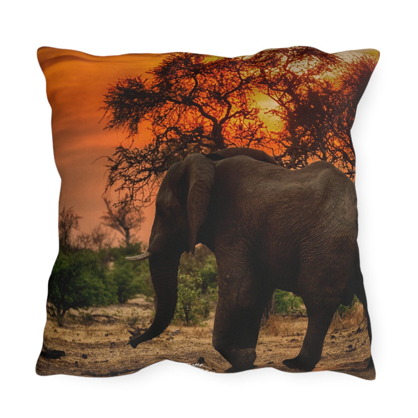 Enjoy Nature Outdoor Pillow with Spirited Elephant at Sunset – Artistic, Comfy, and Durable Decorative Accent