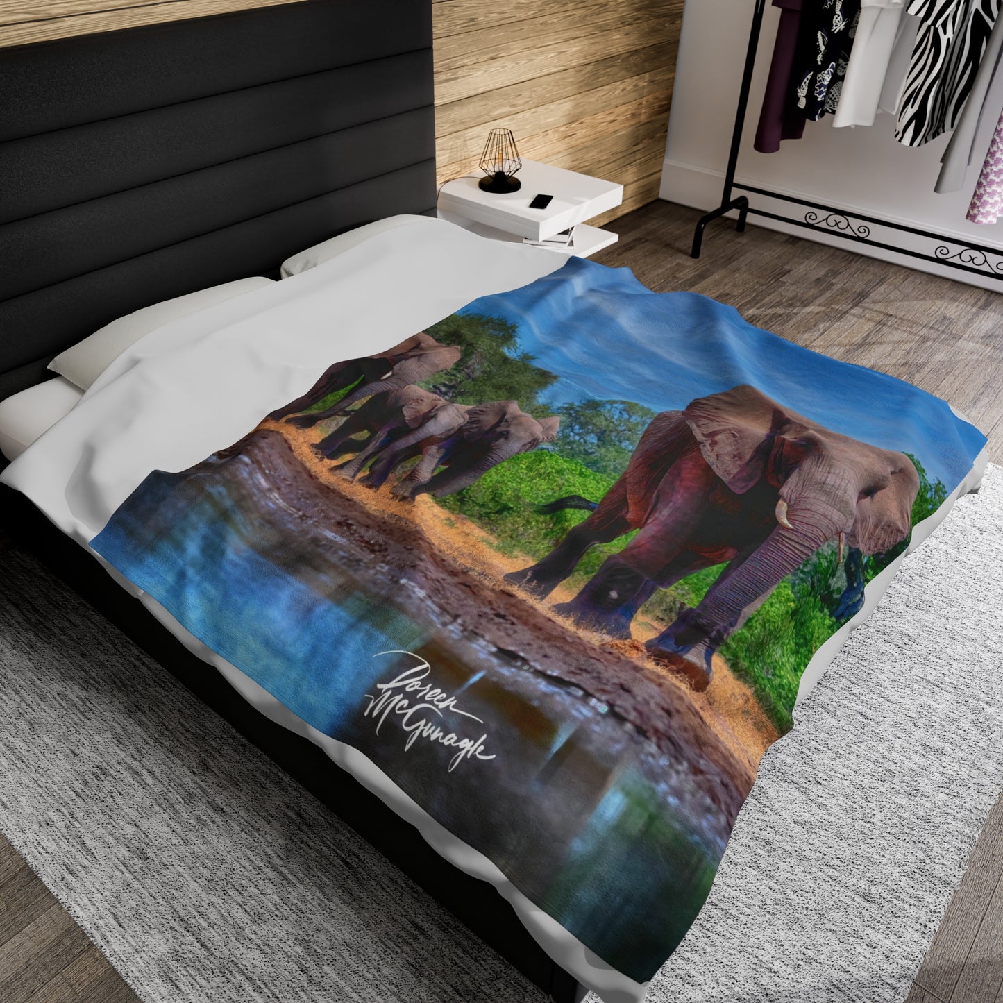 Velveteen Plush Blanket with Elephant Family at Watering Hole by Enjoy Nature