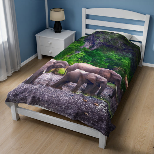 Velveteen Plush Blanket with Elephant Family at Riverbed by Enjoy Nature