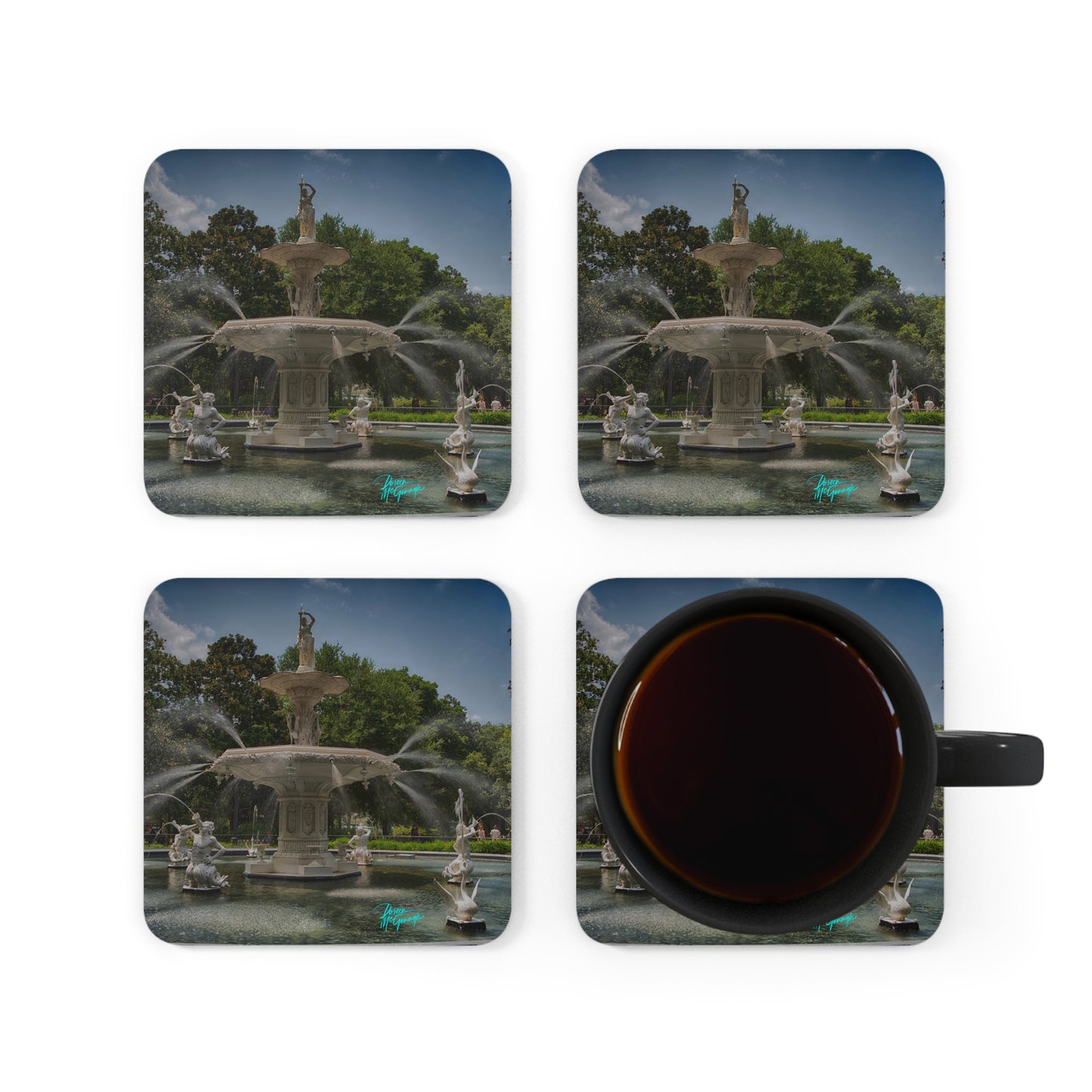 Savannah Fountain of Forsyth Park Corkwood Coaster Set