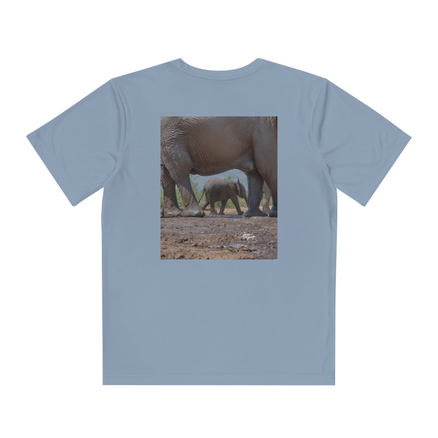 Youth Competitor Tee with Fine Art Image Baby Elephant Under Mom's Protection by Enjoy Nature