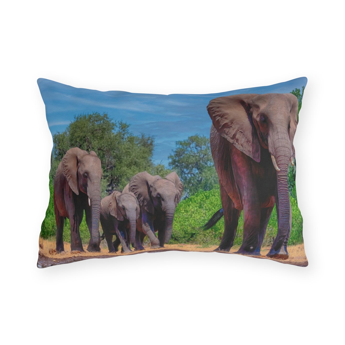 Enjoy Nature Outdoor Pillow with Elephant Family at Watering Hole – Artistic, Comfy, and Durable Decorative Accent