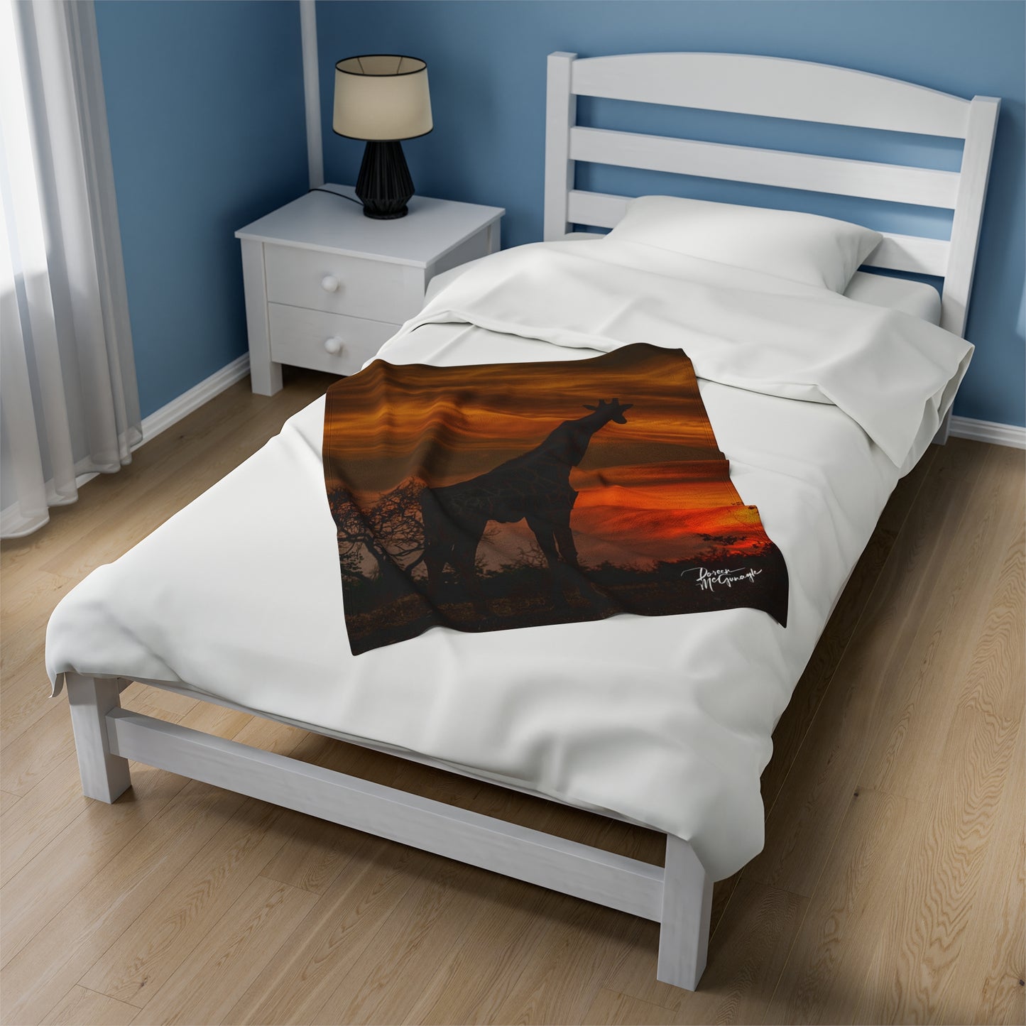 Velveteen Plush Blanket with Giraffe Silhouette at Sunset by Enjoy Nature