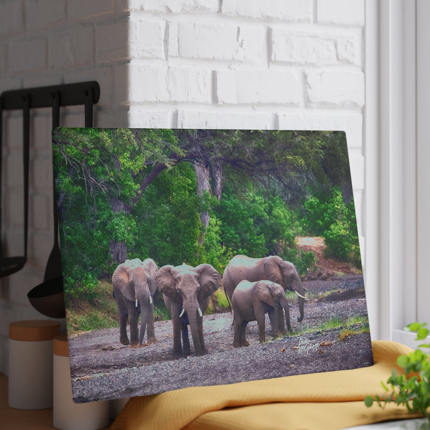 Enjoy Nature Glass Charcuterie Cutting Board with Elephant Family Design