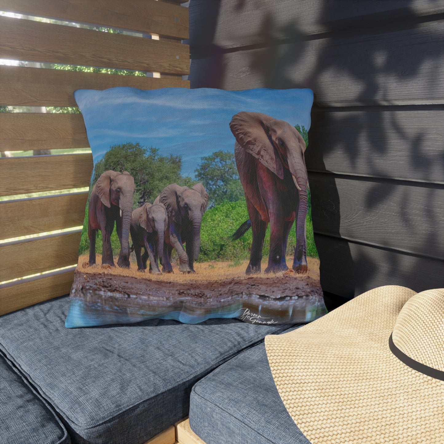 Enjoy Nature Outdoor Pillow with Elephant Family at Watering Hole – Artistic, Comfy, and Durable Decorative Accent