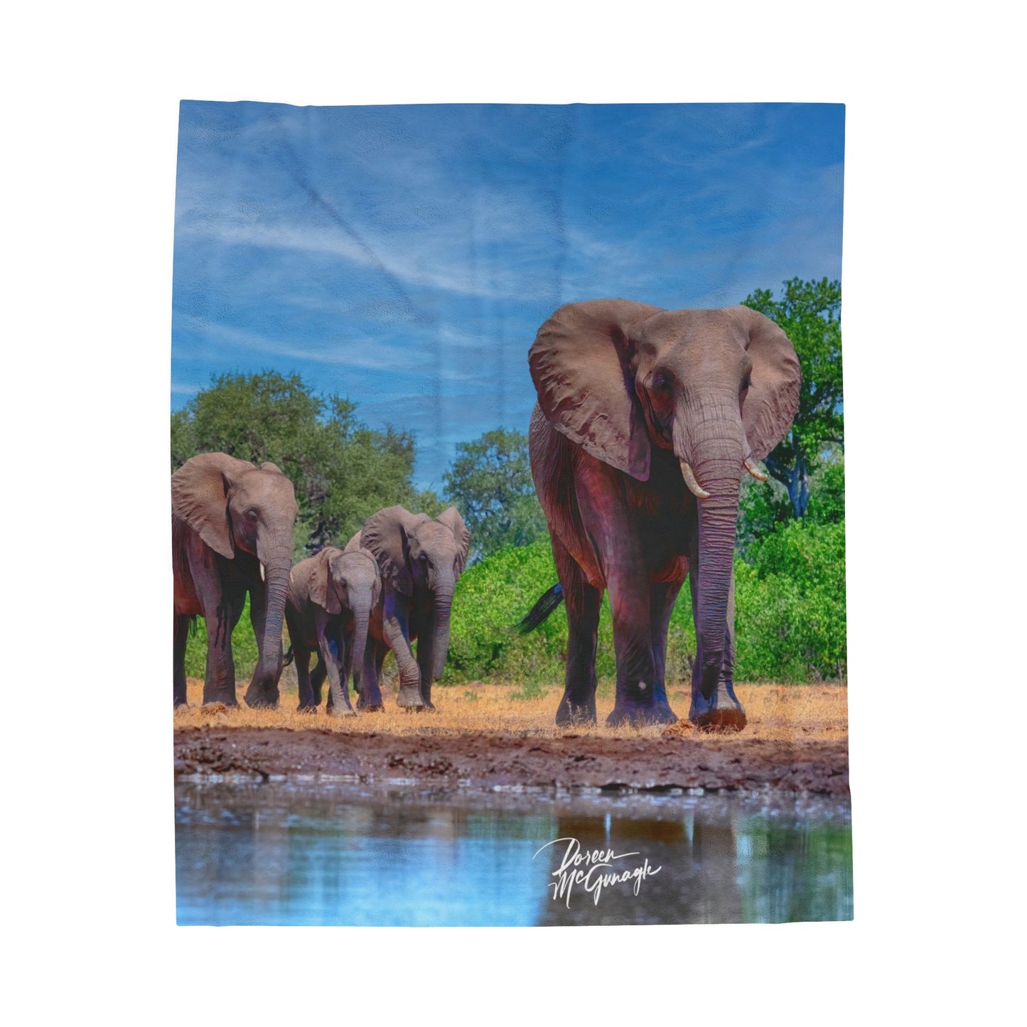 Velveteen Plush Blanket with Elephant Family at Watering Hole by Enjoy Nature