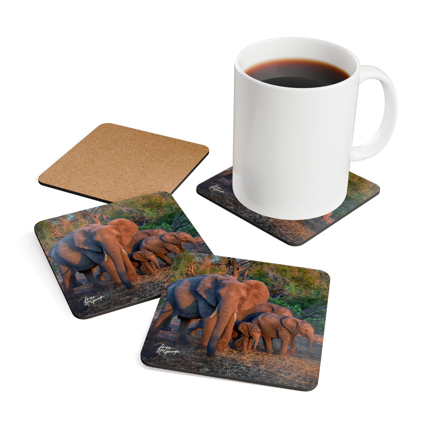 Spirited Elephant Family Corkwood Coaster Set (Box of 4)