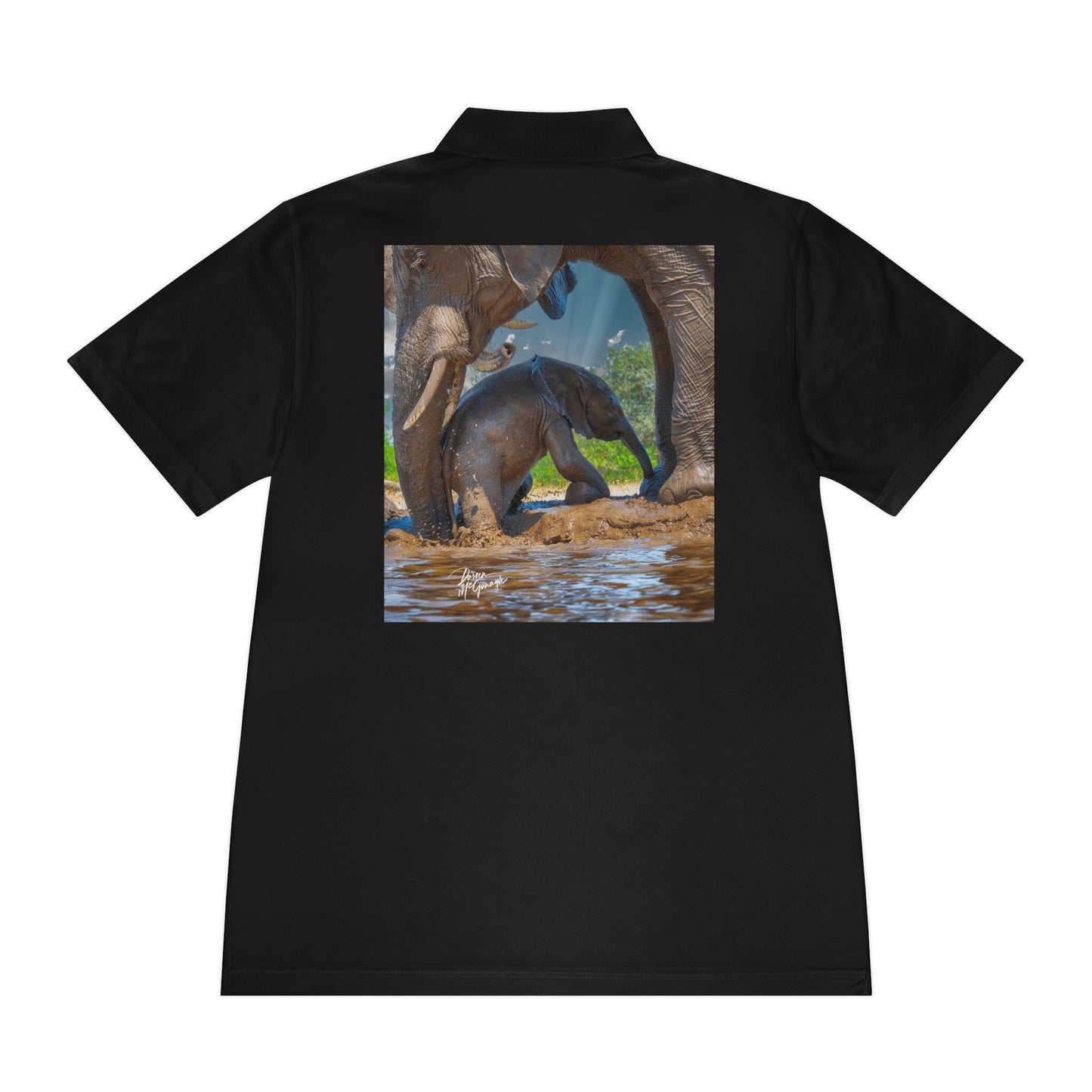 Men's Performance Polo Shirt - Baby Elephant with Mom by Enjoy Nature