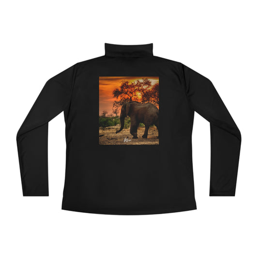 Ladies Quarter-Zip Pullover with Fine Art Image of Elephant Walking at Sunset by Enjoy Nature