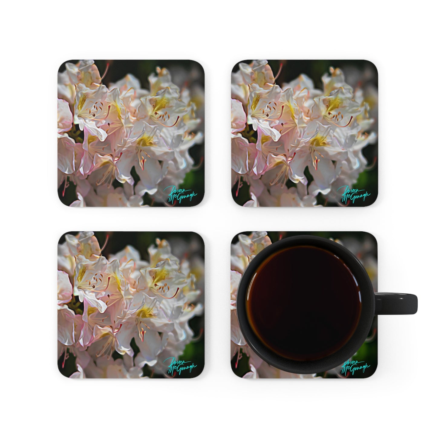 White Azalea Bloom, Corkwood Coaster Set