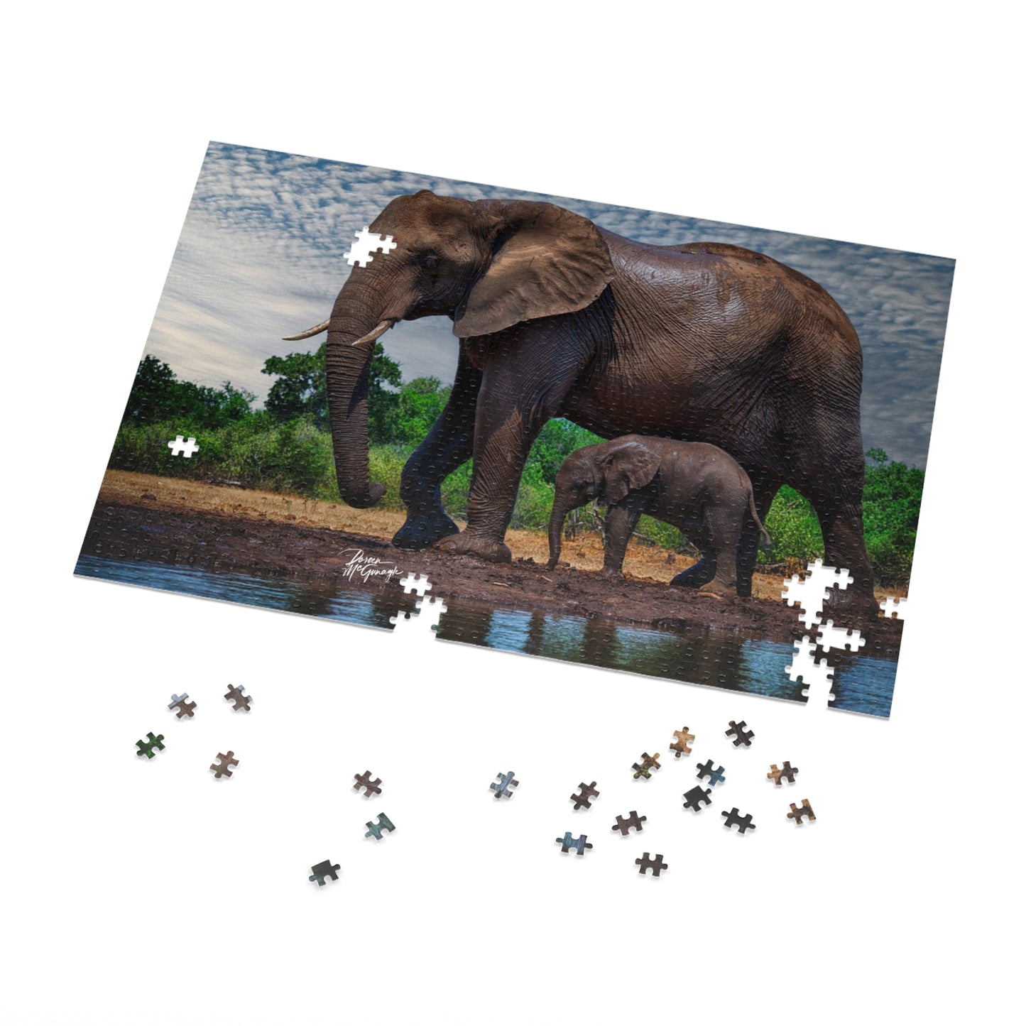 Elephant Baby Under Mom's Watchful Eye Jigsaw Puzzle by Enjoy Nature