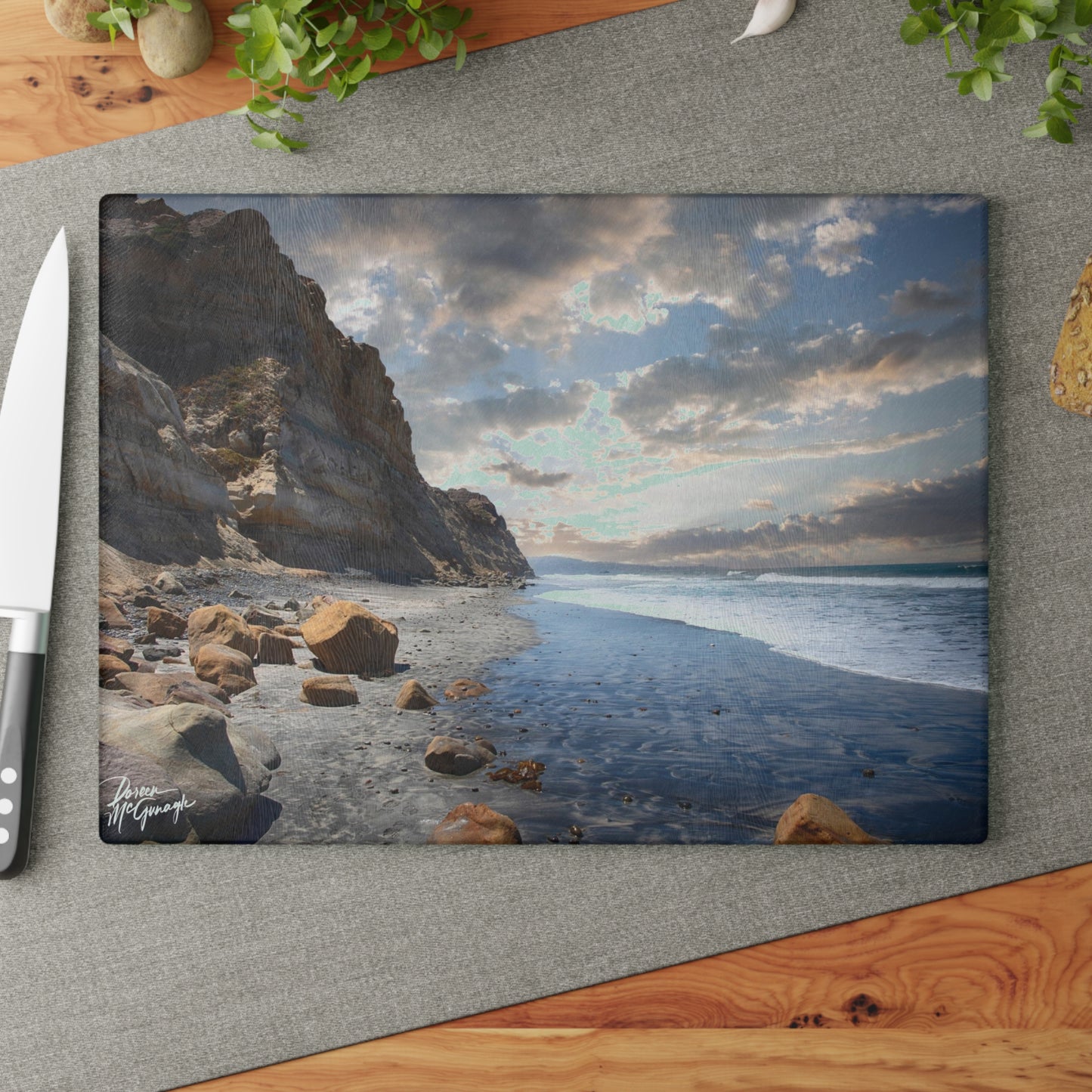 Artistic Lagoon Serenity Glass Cutting Board with Nature-Inspired Design