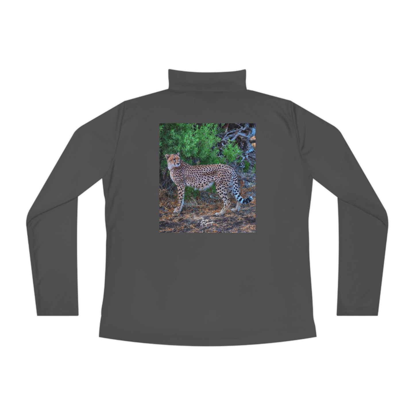 Ladies Quarter-Zip Pullover with Fine Art Image of Cheetah Stand by Enjoy Nature