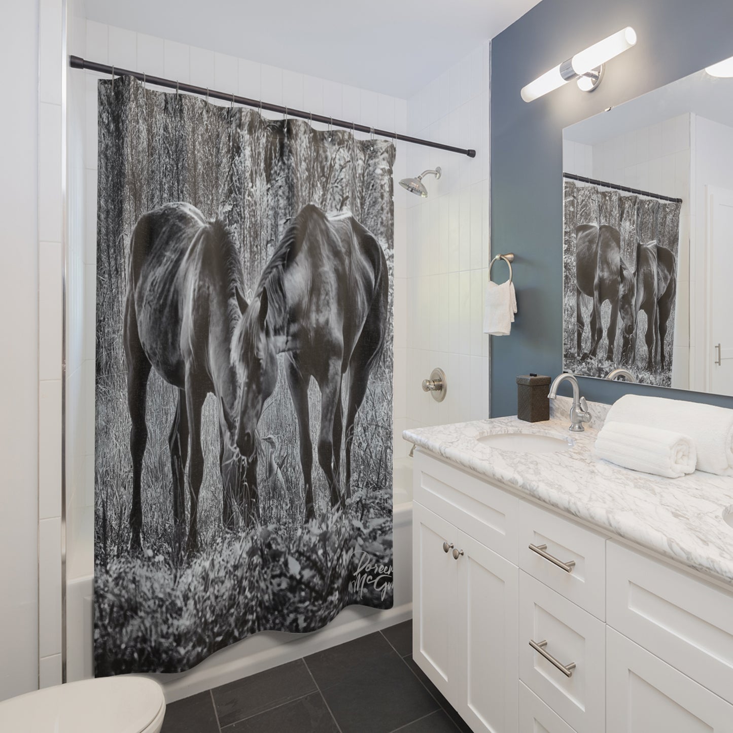 Whimsical Shower Curtain|Nature Shower Curtain|Wild Horses Black and White Shower Curtain|Unique Shower Curtain|Modern Bathroom Accessories