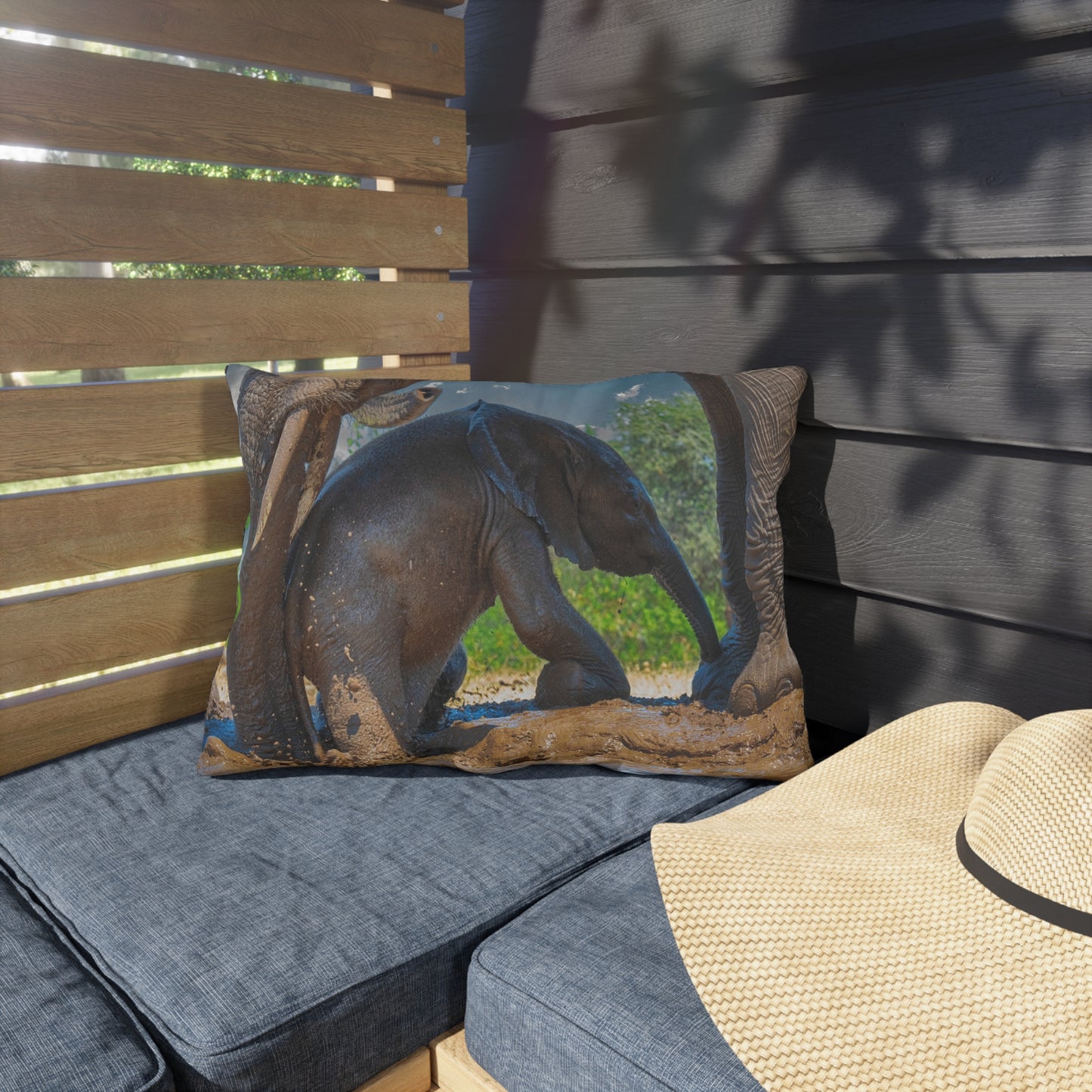 Enjoy Nature Outdoor Pillow with Elephant Baby with Protective Mom – Artistic, Comfy, and Durable Decorative Accent