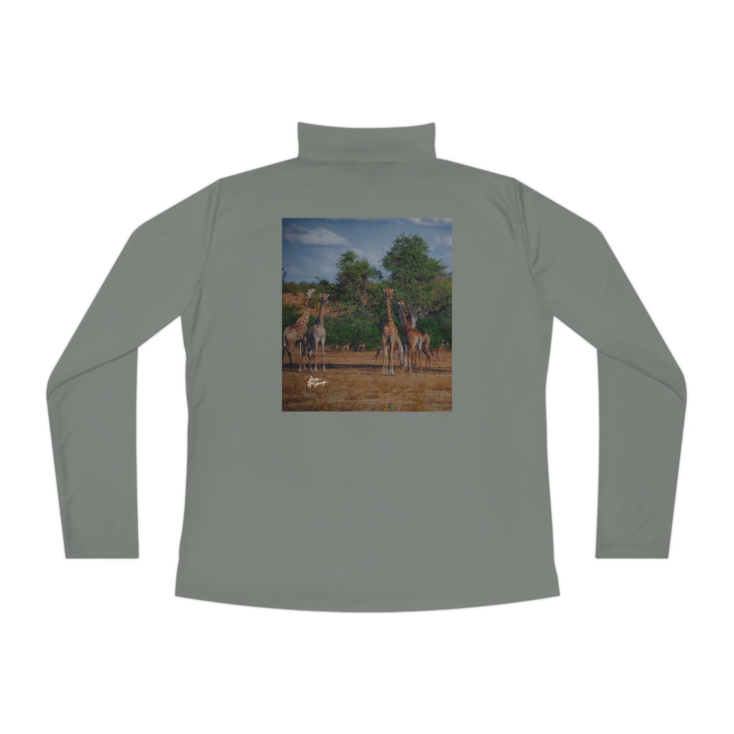 Ladies Quarter-Zip Pullover with Fine Art Image of Giraffe Family by Enjoy Nature